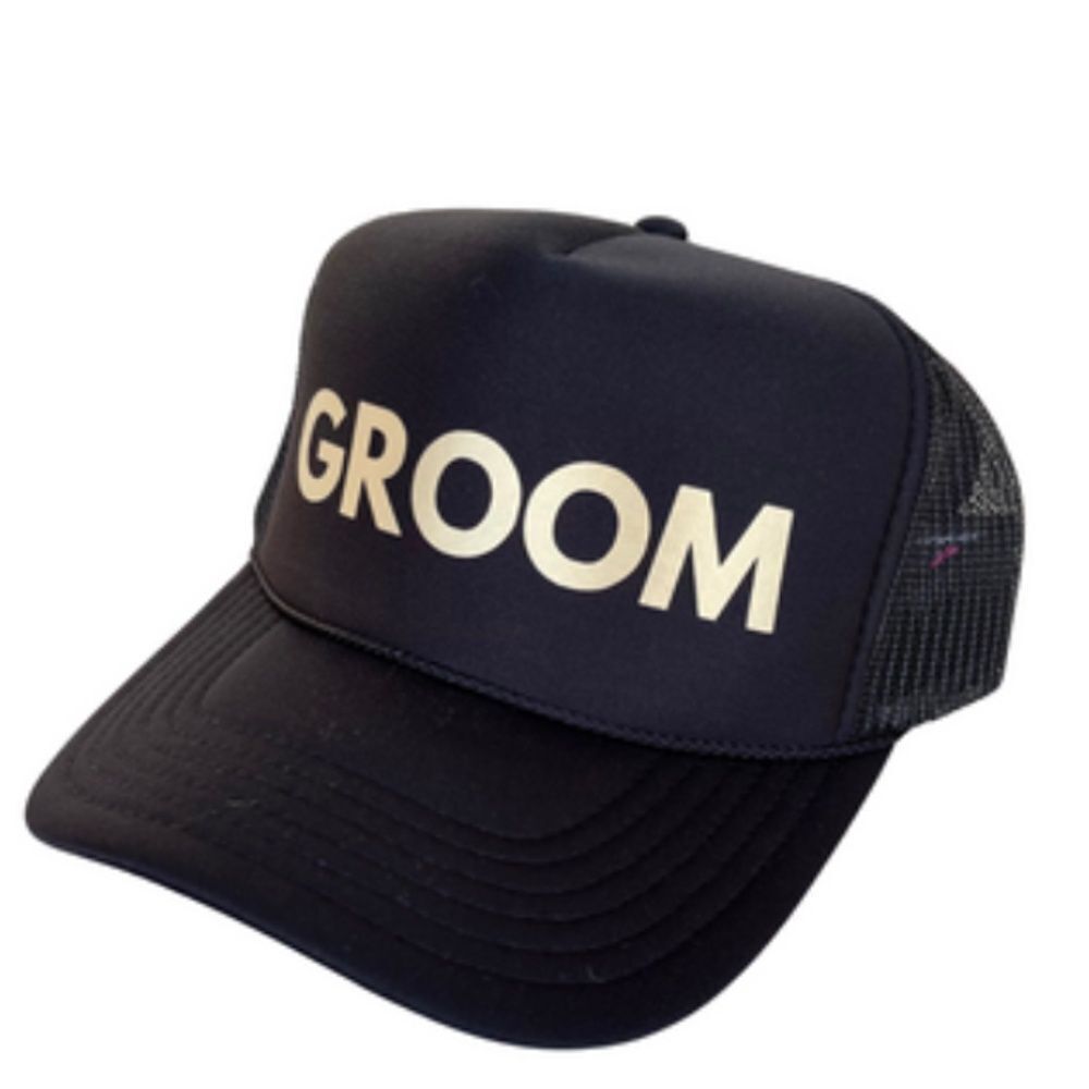 GROOM Snap Back Trucker Hat - Gold Bold Writing - BRAND NEW Tags Mesh Back